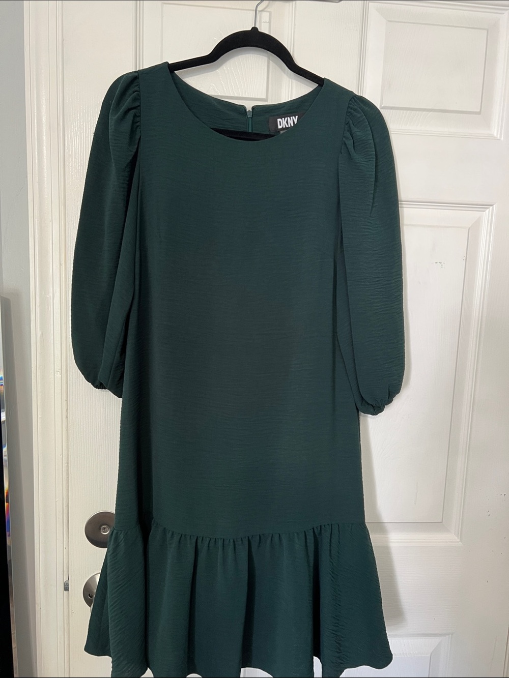 DKNY Dark Green Puff-Sleeve Ruffle-Hem Dress